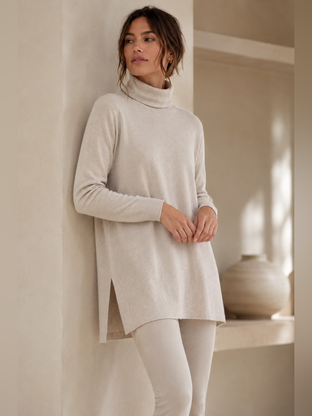 Andrea Jovine Wool Cashmere Blend Turtleneck Tunic Luxe Sweater Small Beige
